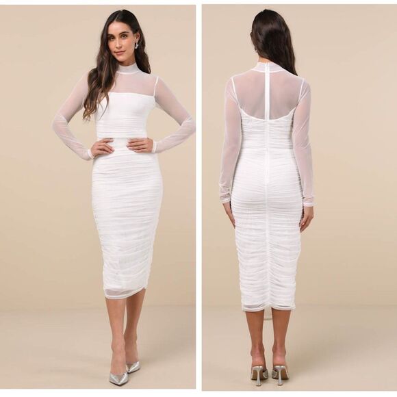 Lulus Impressive Flirt White Mesh Ruched Mock Neck Midi Dress Size Large Bridal - Picture 1 of 10